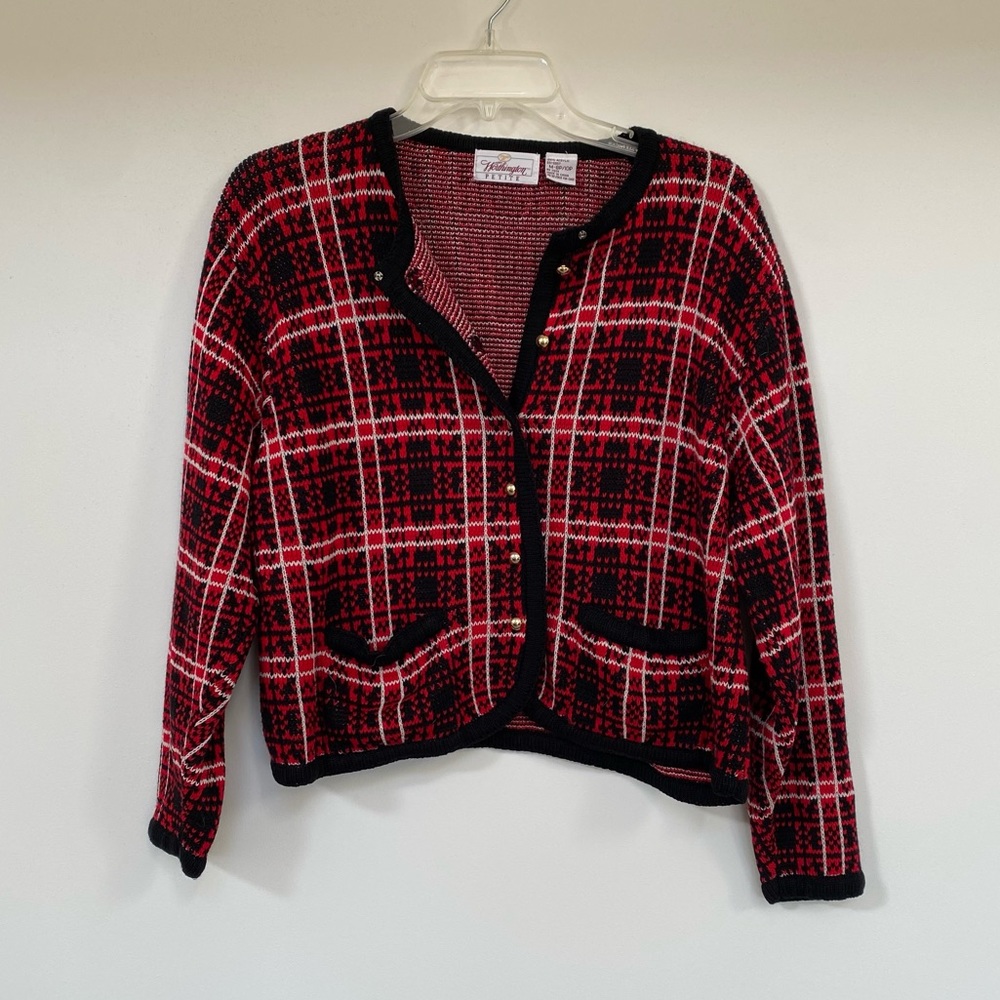 Worthington petite M cardigan red black plaid